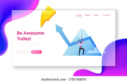 Business Man Aiming to Take New Career Height. Landing Page Template. Businessman Character Climbing Up on Peak with Grow Arrow Chart,Leadership Success, Goal Achievement. Cartoon Vector Illustration