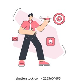 Business man aiming to target with arrow creative solution successful strategy aspirations vector flat illustration. Male employee marketing hit startup success development. Sport dart activity