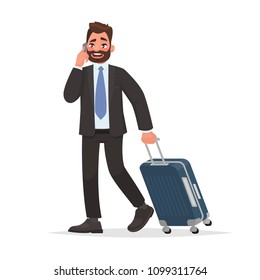 Business Man At The Airport With Luggage Is Talking On The Phone. Vector Illustration In Cartoon Style