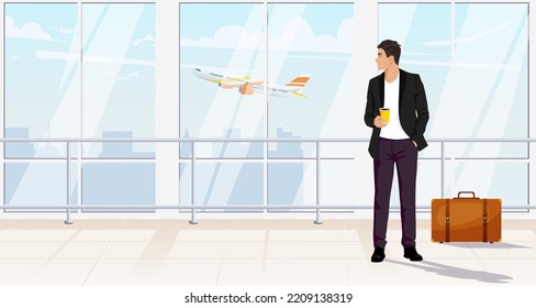 Business man in airport terminal interior. Man in black suit with coffee cup, passenger in departure hall with luggage. Aircraft, airplane flies outside window. Flat banner poster. Vector illustration