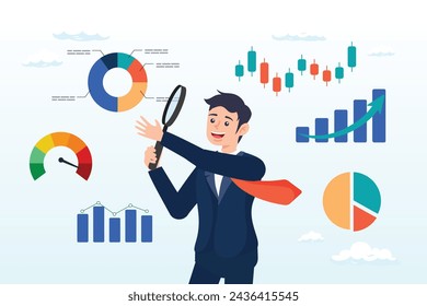 Business man analyse data with magnifying glass, data analysis chart and report, financial research or analyse information for marketing insight, analytics or optimisation diagram (Vector)