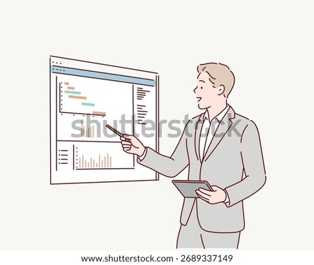 Business Man Analyzing Data Chart on Screen Hand drawn style vector design illustrations.