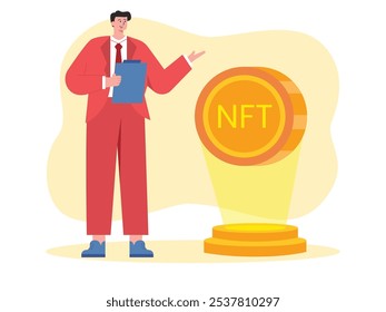 Homem de negócios analisando NFT, investimento digital moderno. Design de caracteres. Ilustração em plano vetorial
