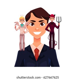 Business man with angel and devil on his shoulders, decision making concept, cartoon vector illustration isolated on white background. Man trying to make decision, choice listening to angel and demon