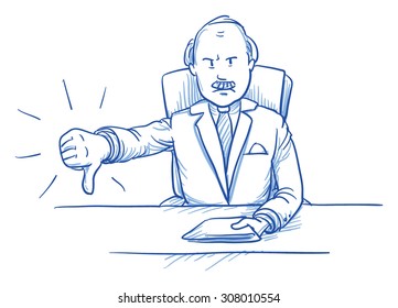 Business man, angry boss, sitting at his desk showing dislike, thumb down, hand drawn doodle vector illustration