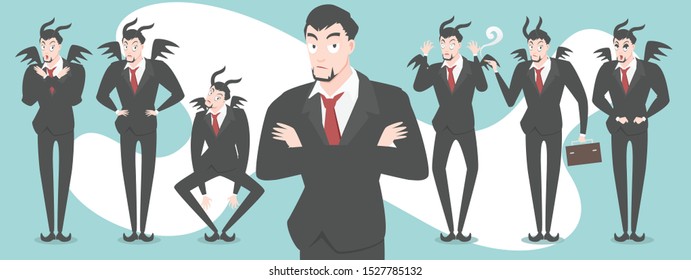 Business man angry mode poses character design set , Illustrations vector business people with strategy concept cartoon flat,planning to success standing man with evil boss idea.