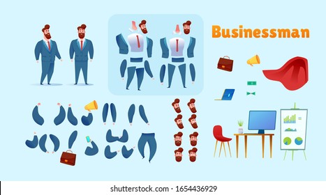 Business man animation set. Confident vector businessman in suit and red super hero cape with various hands, arm positions, emotions and objects. Bearded manager hero in office Successful entrepreneur