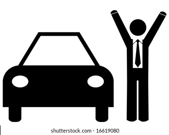 business man with arms up standing beside car - concept new car sale or purchase