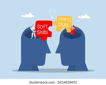 business man and artificial intelligence holding two pieces between Hard VS Soft Skills Concept on big head human Idea Development ,Multiple Intelligences Vector Illustration