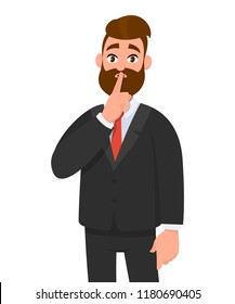 Business man asking silence please. Keep quiet. Man closed  his mouth with finger. Shut up! Emotion and body language concept in cartoon style vector illustration.