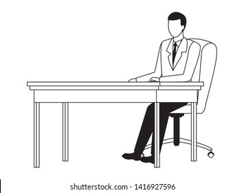 business man avatar cartoon chararcter sitting on a desk in black and white vector illustration graphic design