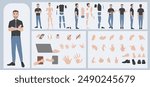 Business man avatar creation suitable for animation. Generator, constructor of diverse views of face, body, hands and leg parts. Male character construction for comfortable fast motion design.