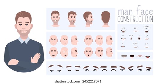 Creación de avatar de hombre de negocios adecuado para la animación. Generador, constructor de diversas vistas de ojos, labios, expresiones emocionales, animación bucal y lip sync. Carácter masculino cara construcción. 