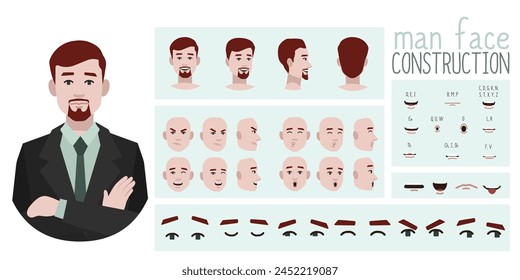 Business man avatar creation  suitable for animation. Generator, constructor of diverse views of eyes, lips, emotion expressions mouth animation and lip sync. Male character face construction. 