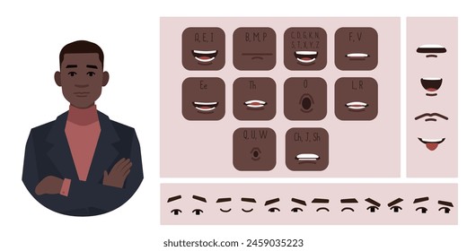 Business man avatar creation suitable for animation. Generator, constructor of diverse eyes, lips, emotion expressions mouth animation and lip sync. Male character face construction.	