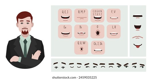 Business man avatar creation suitable for animation. Generator, constructor of diverse eyes, lips, emotion expressions mouth animation and lip sync. Male character face construction.	