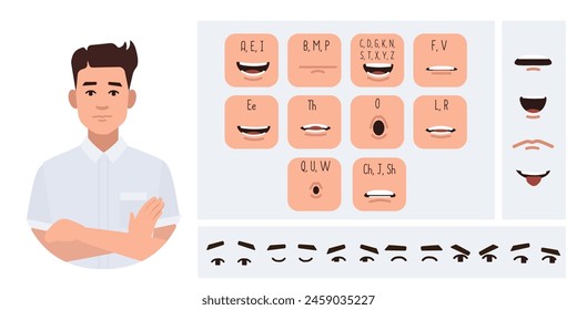 Business man avatar creation suitable for animation. Generator, constructor of diverse eyes, lips, emotion expressions mouth animation and lip sync. Male character face construction.	