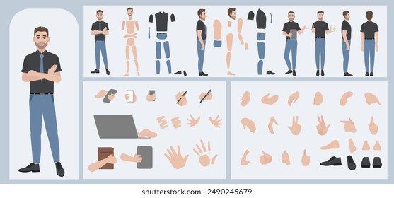 Business man avatar creation suitable for animation. Generator, constructor of diverse views of face, body, hands and leg parts. Male character construction for comfortable fast motion design.