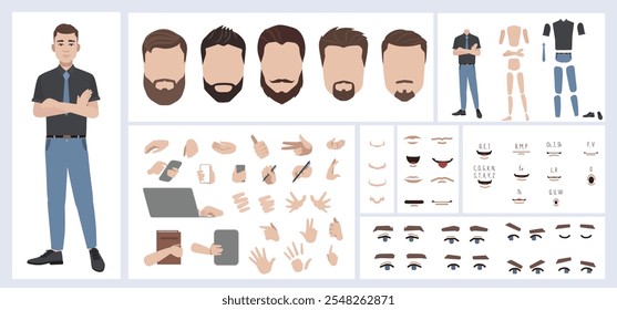 Business man avatar creation suitable for animation. Generator, constructor of diverse views of face, body, hands and leg parts. Male character construction for comfortable fast motion design.