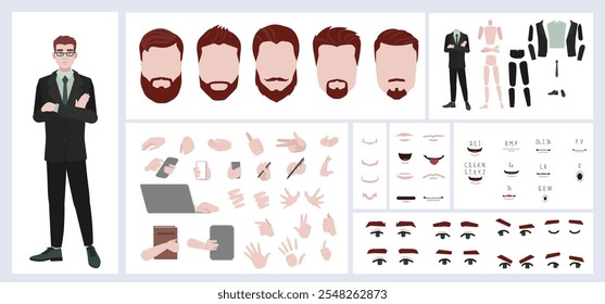 Business man avatar creation suitable for animation. Generator, constructor of diverse views of face, body, hands and leg parts. Male character construction for comfortable fast motion design.