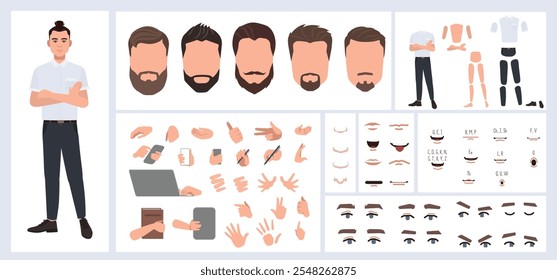 Business man avatar creation suitable for animation. Generator, constructor of diverse views of face, body, hands and leg parts. Male character construction for comfortable fast motion design.