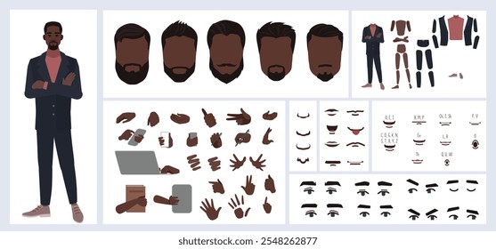 Business man avatar creation suitable for animation. Generator, constructor of diverse views of face, body, hands and leg parts. Male character construction for comfortable fast motion design.