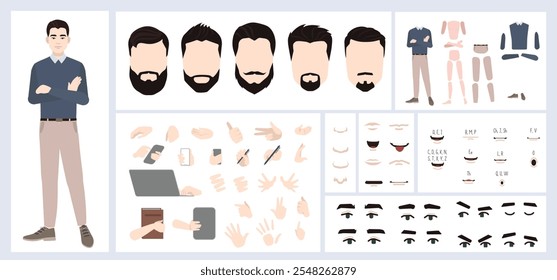 Business man avatar creation suitable for animation. Generator, constructor of diverse views of face, body, hands and leg parts. Male character construction for comfortable fast motion design.