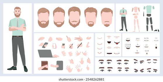 Business man avatar creation suitable for animation. Generator, constructor of diverse views of face, body, hands and leg parts. Male character construction for comfortable fast motion design.