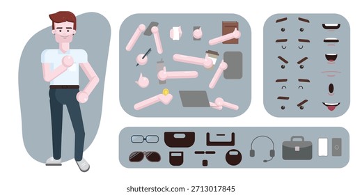 Business man avatar creation suitable for animation. Generator, constructor of diverse views of face, body, hands and leg parts. Male character construction for comfortable fast motion design.