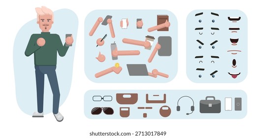 Creación de avatar de hombre de negocios adecuado para la animación. Generador, constructor de diversas vistas de la cara, el cuerpo, las manos y las partes de las piernas. Construcción masculina del carácter para el diseño cómodo del movimiento rápido.