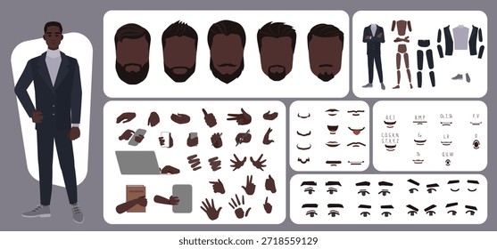 Criação de avatar de homem de negócios adequado para animação. Gerador, construtor de diversas vistas do rosto, corpo, mãos e partes da perna. Construção de personagem masculino para design confortável de movimento rápido.