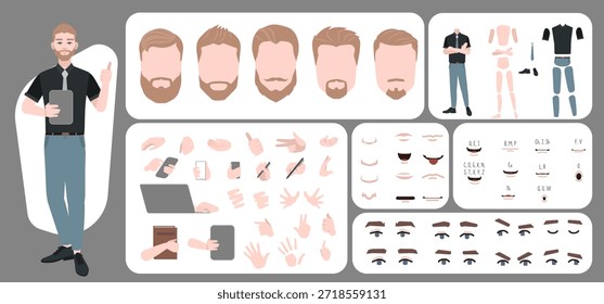 Criação de avatar de homem de negócios adequado para animação. Gerador, construtor de diversas vistas do rosto, corpo, mãos e partes da perna. Construção de personagem masculino para design confortável de movimento rápido.