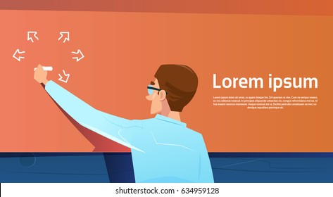 Business Man Back Rear View Writing On Board Copy Space Banner Flat Vector Illustration