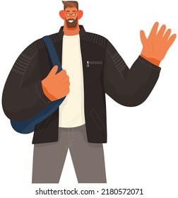 Business man with backpack in casual clothes. Bearded male cartoon happy character waving hand standing isolated on white. Guy say hello and gesturing in friendly way. People greeting gesture