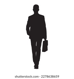 Business man with bag walking confident front view full length vector silhouette.