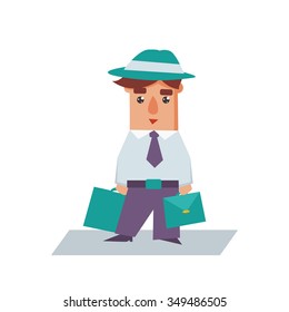 Business man with bags cartoon character flat vector illustration