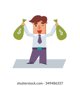 Business man with bags of money cartoon character flat vector illustration