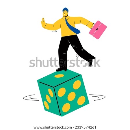Business man balanced on unstable dice. Investment concept. Flat vector illustration isolated on white background
