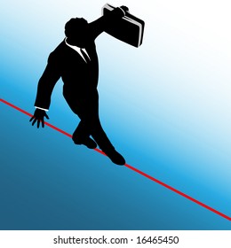 A business man balances with a briefcase, walks a high wire tightrope, above risk and danger, blue background.