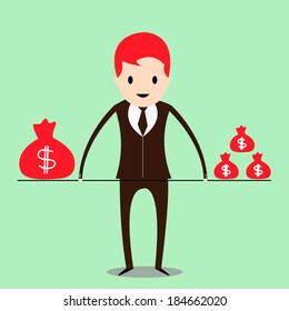 Business man balancing with big money bag and small money bag