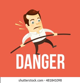 Business man balancing danger. Business crisis. Vector flat cartoon illustration