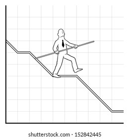 Business man balancing on declining graph