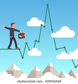 Business Man Balancing On A Line Graph Rope Above Mountains And Clouds In The Sky. Risk Management Concept. Flat Style Vector Illustration Clipart.