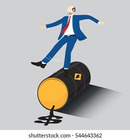 Business man Balancing on Oil Barrel Rolling made dollar money. Vector, illustration