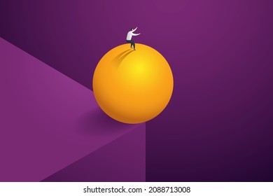 Business man balancing on a rock on a cliff. Failed business operations, financial crises, troubles and bankruptcies. isometric vector illustration.