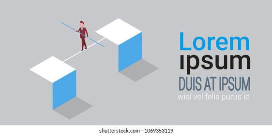 Business Man Balancing On Rope Money Risk Concept Isometric