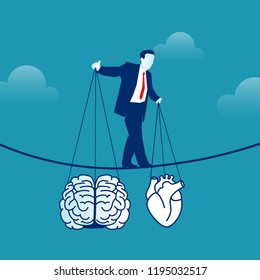 Business Man balancing on a rope in the sky holding brain in one side and heart in other shaking. Find harmony balance between mind and soul concept Eps Vector illustration isolated on blue background