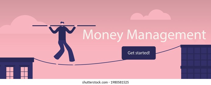 Business man balancing on the rope high in the sky between two building in minimal design