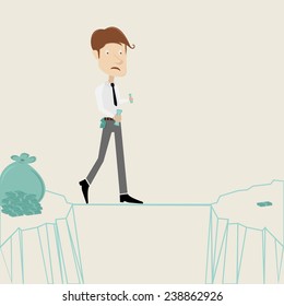 Business man balancing on the rope with ideas and money