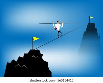 Business man  balancing on  rope. Concept of business,vector illustration.
